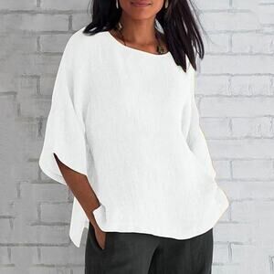 Cotton Linen Shirts for Women Square Neck 3/4 Sleeve Solid Color Top-White-NEW-M